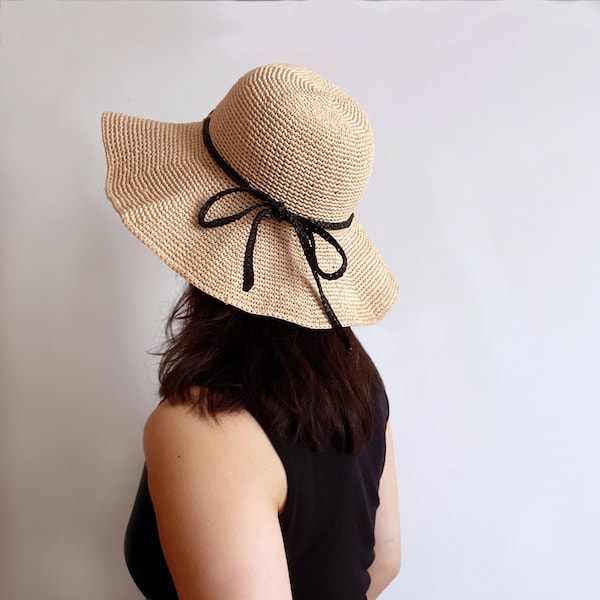 chapeau de soleil en paille de raphia au crochet, chapeau souple de seau, chapeau d'été, chapeau de noeud d'arc