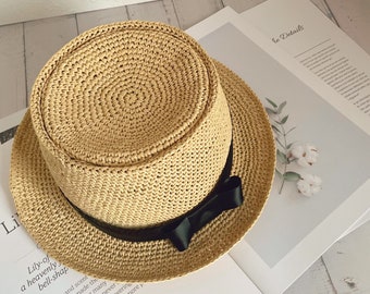 H007-Crochet Unisex Flat Top boater Raffia Sun Hat With Bow Pattern