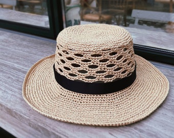H013-Crochet Raffia Flat top Hollow Unisex Sun Bucket Hat Pattern