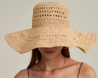 Hollow Out Wide Brim Crochet Floppy Raffia Hat