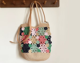crochet raffia floral pieces shoulder bag pattern