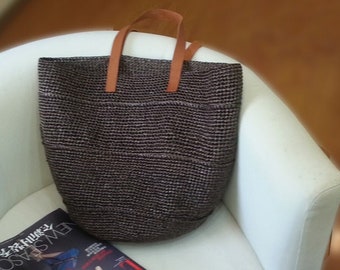 handmade crochet raffia straw tote bag,brown  beach summer tote bag with leather handles