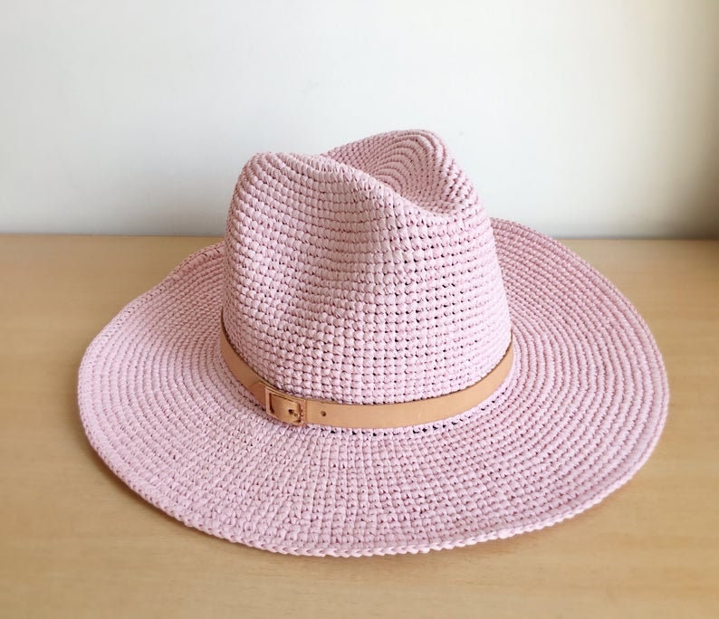 Crocheted Raffia Straw Fedora Sun Hatwhite Straw Fedora Hat Etsy