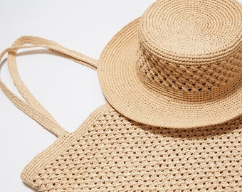 crochet raffia straw sun boater hat pattern，PDF download flat top hat pattern