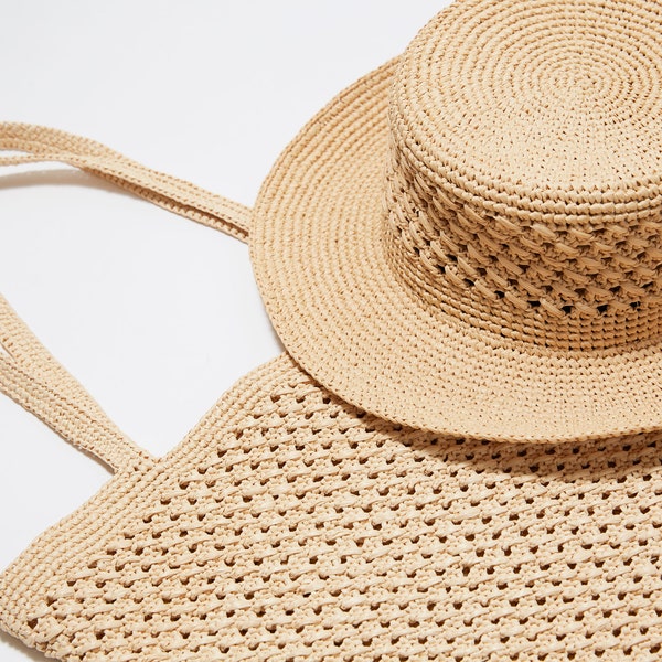 crochet raffia straw sun boater hat pattern，PDF download flat top hat pattern