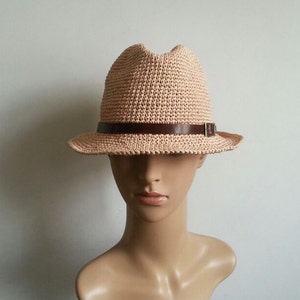 crocheted raffia straw fedora sun hat,straw fedora hat with leather hat band,men's straw sun hat,unisex panama fedora sun hat image 4