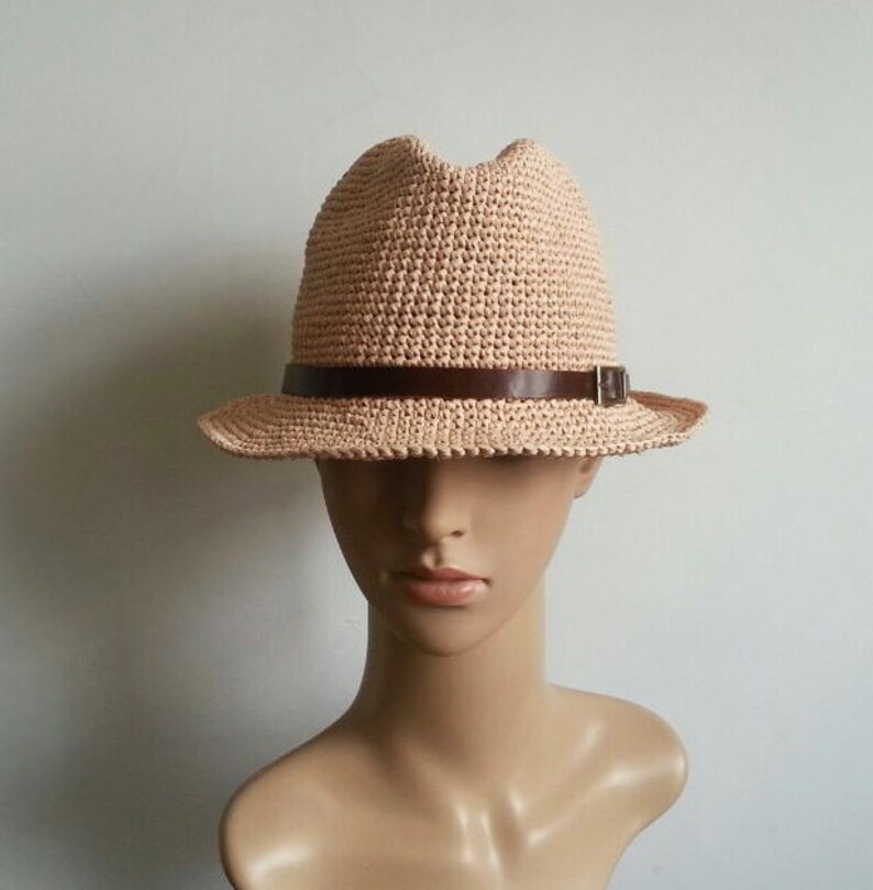 crocheted raffia straw fedora sun hat,straw fedora hat with leather hat band,men's straw sun hat,unisex panama fedora sun hat image 4