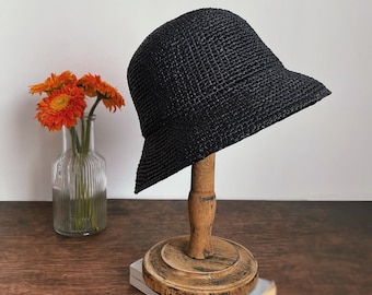 H012-crochet raffia straw bucket cloche sun rolled brim hat pattern