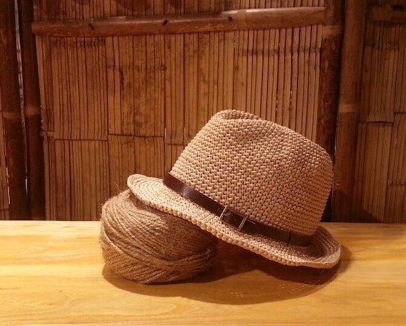 Crocheted Raffia Fedora Sun Hat, Unisex Panama With Leather 