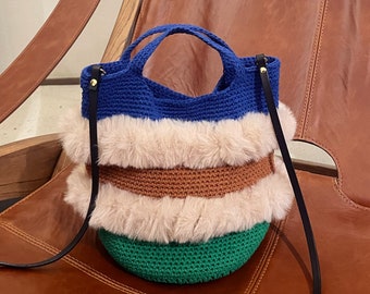 Christmas bucket bag kit,crochet diy crossbody bag kit,faux fur yarn tote bag,stripy bag kit