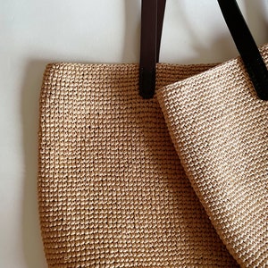 crocheted summer raffia brown tote beach bag,crochet bag with leather handles image 4