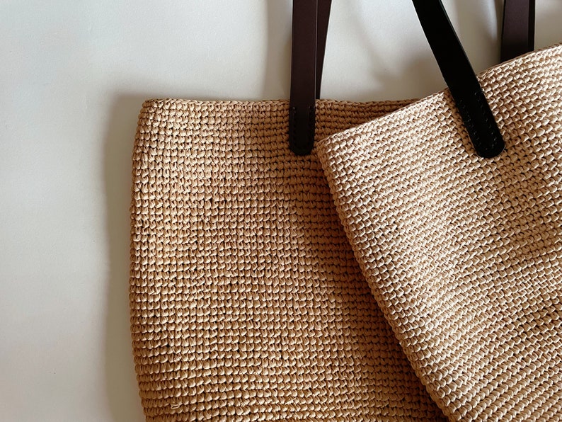 crocheted summer raffia brown tote beach bag,crochet bag with leather handles image 4