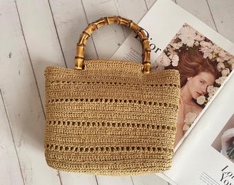Crochet Raffia Square Bag With Bamboo Handles Pattern