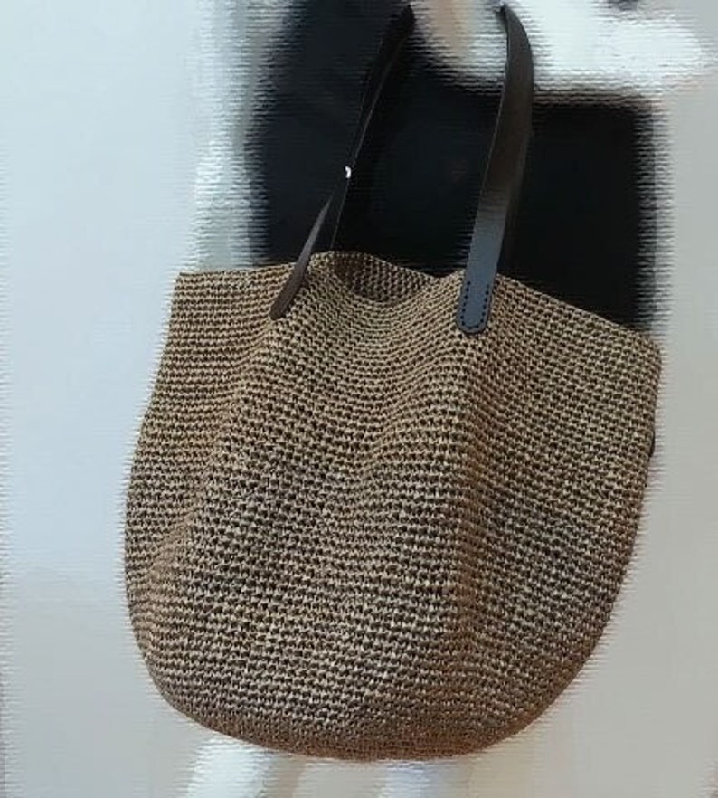 crocheted summer raffia brown tote beach bag,crochet bag with leather handles image 1