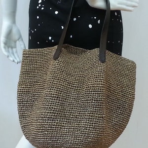 crocheted summer raffia brown tote beach bag,crochet bag with leather handles image 2