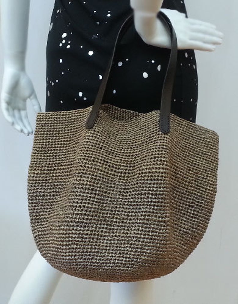 crocheted summer raffia brown tote beach bag,crochet bag with leather handles image 2