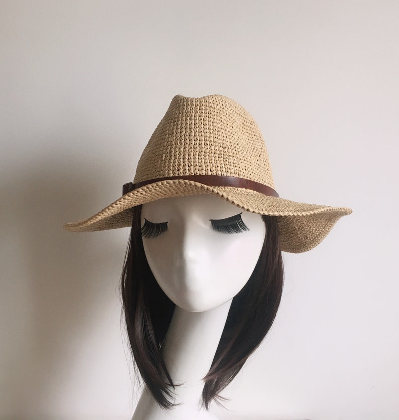 Crocheted Raffia Straw Fedora Sun Hatwhite Straw Fedora Hat Etsy