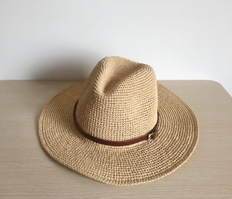 Crocheted Raffia Straw Fedora Sun Hatwhite Straw Fedora Hat Etsy