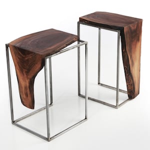 Set of 2 Side Tables Solid Black Walnut, Live Edge Top with Raw Brushed Metal Base image 1