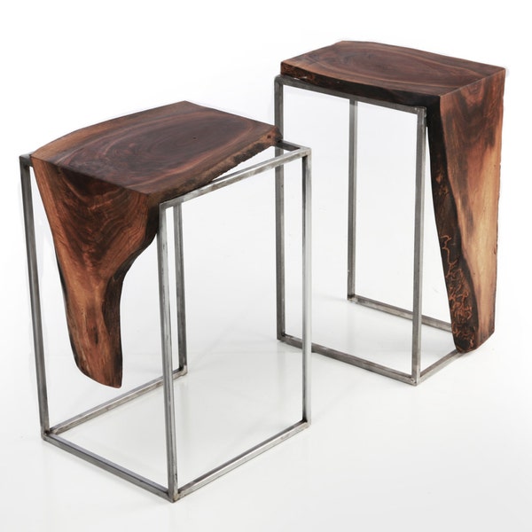 Set of 2 Side Tables - Solid Black Walnut, Live Edge Top with Raw Brushed Metal Base
