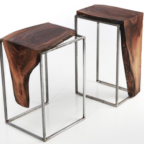 Set of 2 Side Tables - Solid Black Walnut, Live Edge Top with Raw Brushed Metal Base
