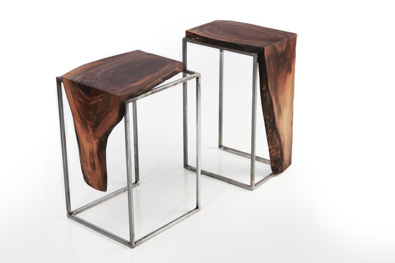 Set of 2 Side Tables Solid Black Walnut, Live Edge Top with Raw Brushed Metal Base image 1