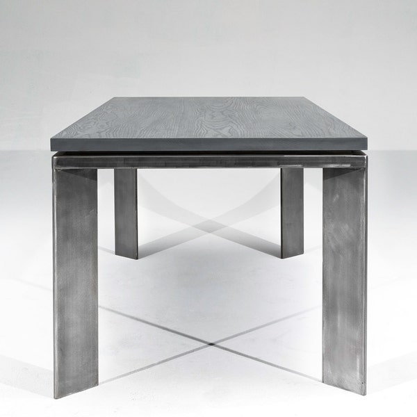 Industrial Dining Table, Charlevoix Dining Table, Gray finish and metal base