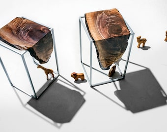 Set of 2 Side Tables - Solid Black Walnut, Live Edge Top with Silver Metalic Powdercoate Metal Base