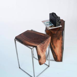 Set of 2 Side Tables Solid Black Walnut, Live Edge Top with Raw Brushed Metal Base image 4