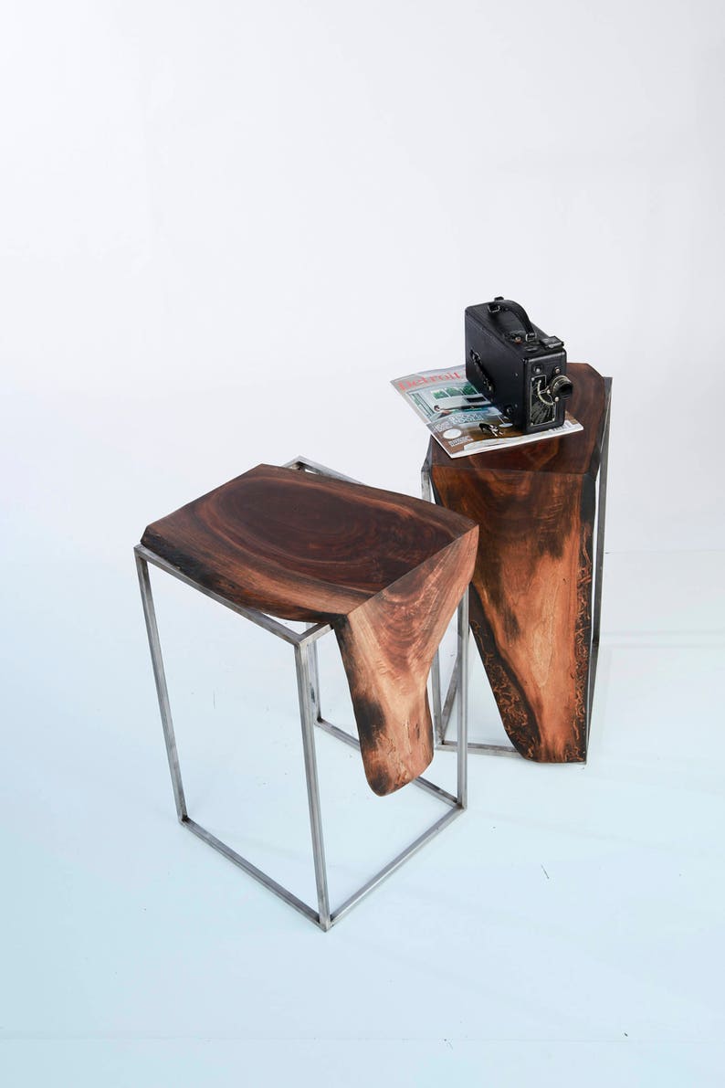 Set of 2 Side Tables Solid Black Walnut, Live Edge Top with Raw Brushed Metal Base image 4