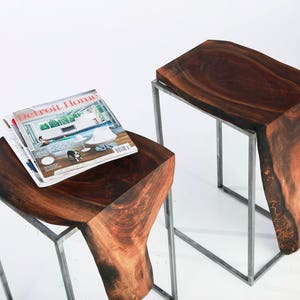 Set of 2 Side Tables Solid Black Walnut, Live Edge Top with Raw Brushed Metal Base image 5