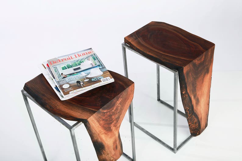 Set of 2 Side Tables Solid Black Walnut, Live Edge Top with Raw Brushed Metal Base image 5