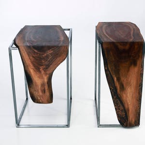 Set of 2 Side Tables Solid Black Walnut, Live Edge Top with Raw Brushed Metal Base image 3