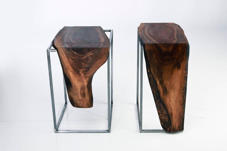 Set of 2 Side Tables Solid Black Walnut, Live Edge Top with Raw Brushed Metal Base image 3