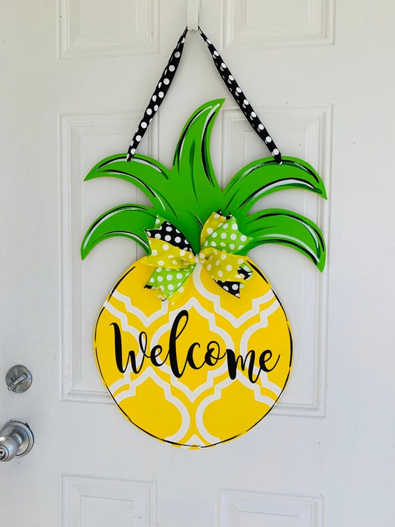 Pineapple Door Hanger In Bright Yellow With Quatrefoil Design Etsy