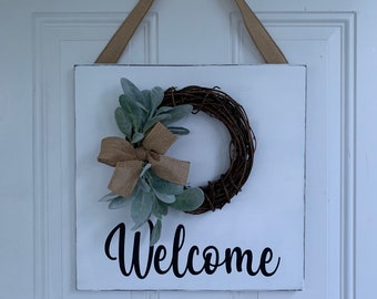 Welcome door hanger with wreath,  front door wreath