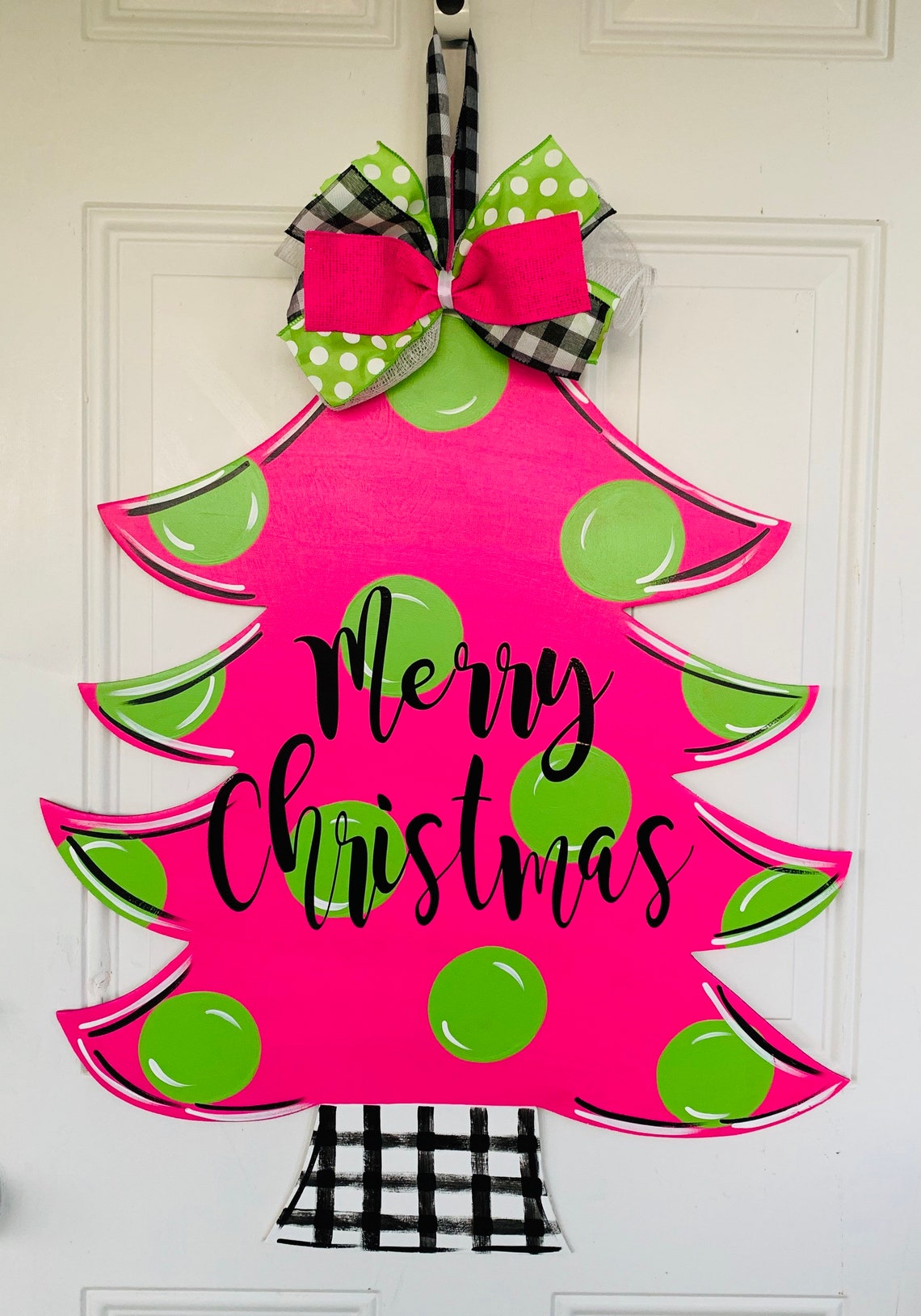 Whimsical Christmas Tree Door Hanger Bright Pink Christmas Etsy