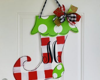 Christmas door hanger, Christmas wreath, Christmas stocking door hanger , buffalo plaid Christmas stocking, personalized Christmas stocking