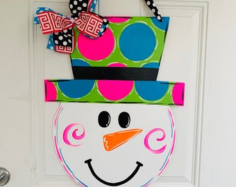 Whimsical snowman door hanger, winter months door hanger , snowman door decoration