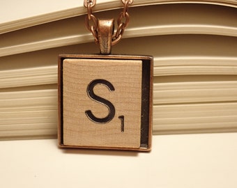 "Z" BLACK LETTER SCRABBLE SILVER NECKLACE WOOD TILE "Z" BLACK LETTER SCRABBLE SILVER NECKLACE WOOD TILE