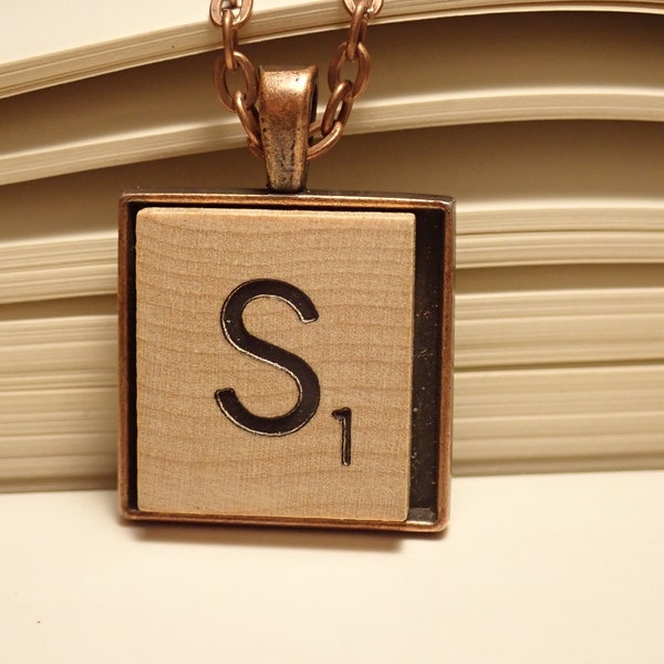 Scrabble letter necklace, upcycled copper tray, personalized necklace, scrabble tile pendant, copper initial necklace, scrabble letters