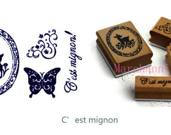 Free Shippingtin stamp set - C est mignon Stamp - Wooden Rubber Stamp - deco stamp 12 styles for choose