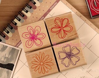 set of 4 floral stamp - Wooden Rubber Stamp - deco stamp 4 styles in