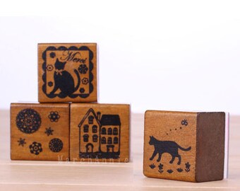 4pcs/set Cat & Lace stamp - Wooden Rubber Stamp - Rubber Stamp - deco stamp - cat stamp