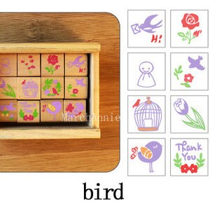 Timbre en bois d’oiseaux de printemps ensemble, timbre de journal, timbre de dentelle, timbre floral-12pcs dans