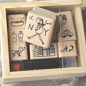 Set di francobolli (con inchiostro) - Set di timbri di gomma in legno - Francobolli di agenda - Francobolli decorativi - Ragazza Shopping a YK