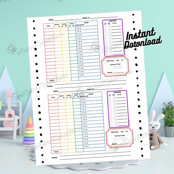 Baby Daily Tracker Log | Diapering, Food, Pumping, Breastfeeding, Formula Log | First Solids | Colorful Rainbow | Instant Digital Download