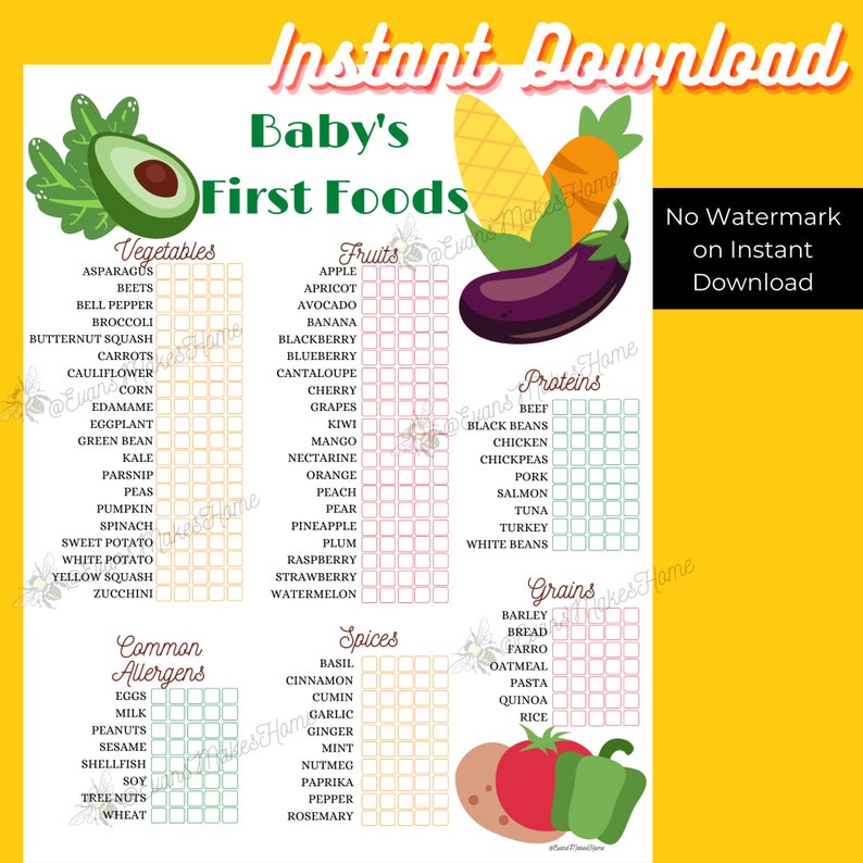 Vegetables Baby's First Foods Tracker Baby's First Etsy
