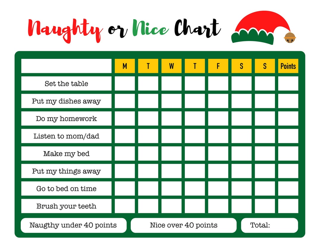 Naughty or Nice Accomplishment Chart for Kids, Reward Chart for Kids, Chores Chart, Printable ...
