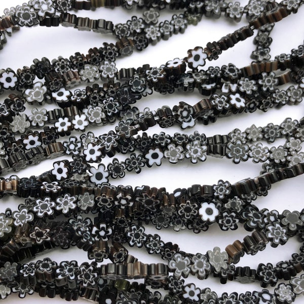 Millefiori Glass Flat Round Beads ,6mm Handmade Millefiori Glass ,Black Brown Flower Beads Full Strand